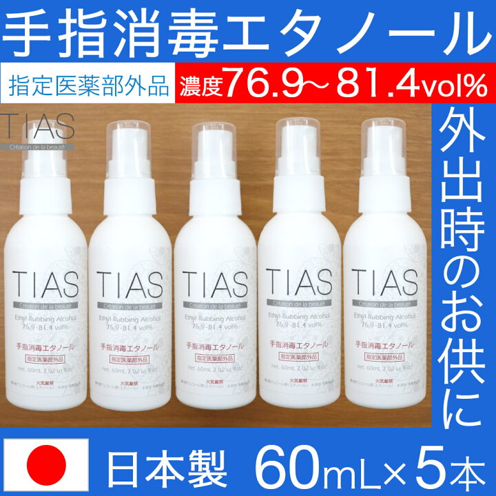楽天市場 Ss中ポイント9倍 クーポン配布中 Tias 手指消毒エタノール 60ml 5本セット 携帯用 アルコール消毒液 指定医薬部外品 エタノール 消毒用 日本製 アルコール 70 以上 濃度 76 9 81 4vol わごんせる金橋