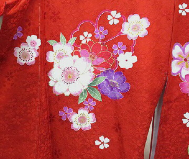 SSお仕立て上がり正絹お召 黄みがかった赤地に幾何学模様 刺繍 