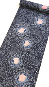 浴衣 反物 ゆかた 浴衣反物 きもの 日本製 花柄 向日葵 ひまわり 夏すがた 生地 着尺 着物反物 綿 シックな感じの生地の色にレトロでモダンな感じの柄 濃い紺系 ※店頭展示見切り品 ※目