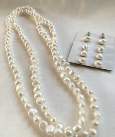 淡水真珠　約6.5mm-7.5mm　ネックレスとピアスのセット　純チタン　長さ約80cm　ホワイト　バロック　ロングネックレス　金属アレルギー対応　021　一連珠　本真珠