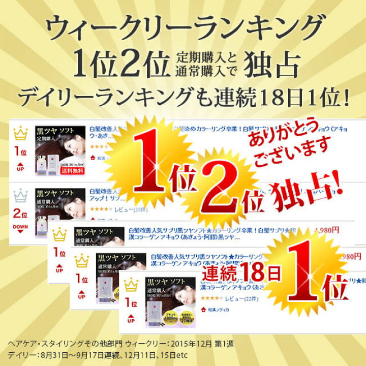 楽天市場 白髪 染めない 薄毛 育毛 黒髪バージョンアップ 15年選ばれ続ける 黒ツヤソフト 約1ヵ月分 セサミン ビオチンなどヘア美容成分31種配合 栄養機能食品 国内製造 白髪 セサミン サプリ アキョウ ビオチン サプリ 白髪サプリ 今ならポイント2倍 和漢