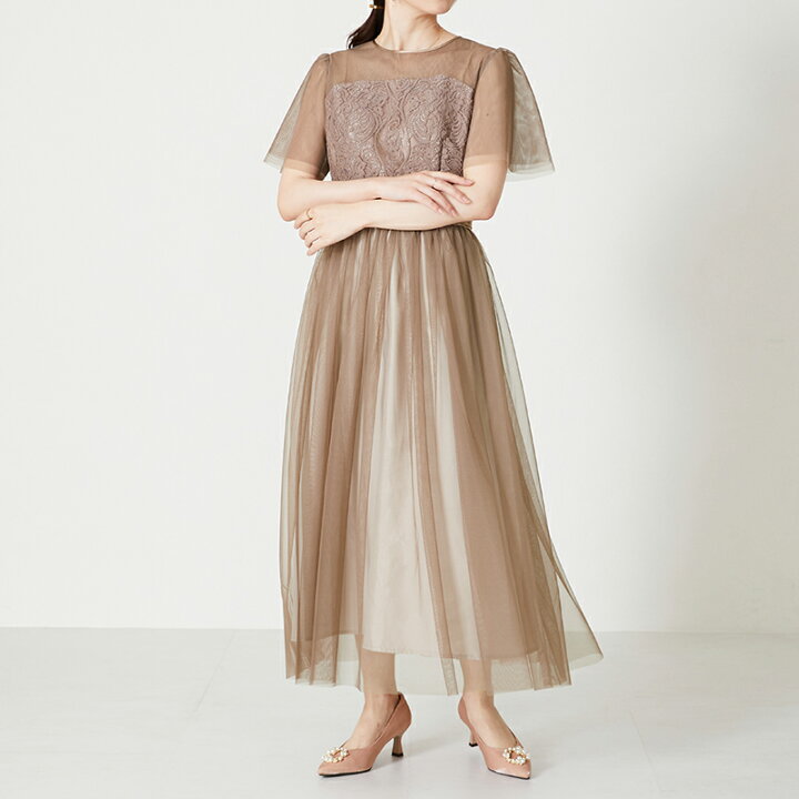 チュールシフォンワンピース/ブラウン/オケージョンドレス/結婚式ドレス