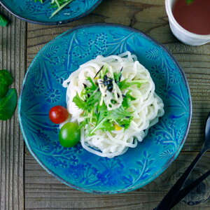 【MAX30%offクーポンあり】ハーブガーデン プレート【L】 シャビーターコイズ 益子焼 中皿 取り皿 プレート 丸皿 花模様 ハーブ模様 おしゃれ かわいい シンプル 洋風 和食器(食洗機対応 電子