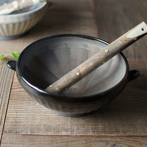 【MAX30%offクーポンあり】益子焼のすり鉢 【中サイズ/黒】 すりこぎ棒セット 陶器製 日本製 シンプル ナチュラル すりごま とろろ 和食 わかさま陶芸