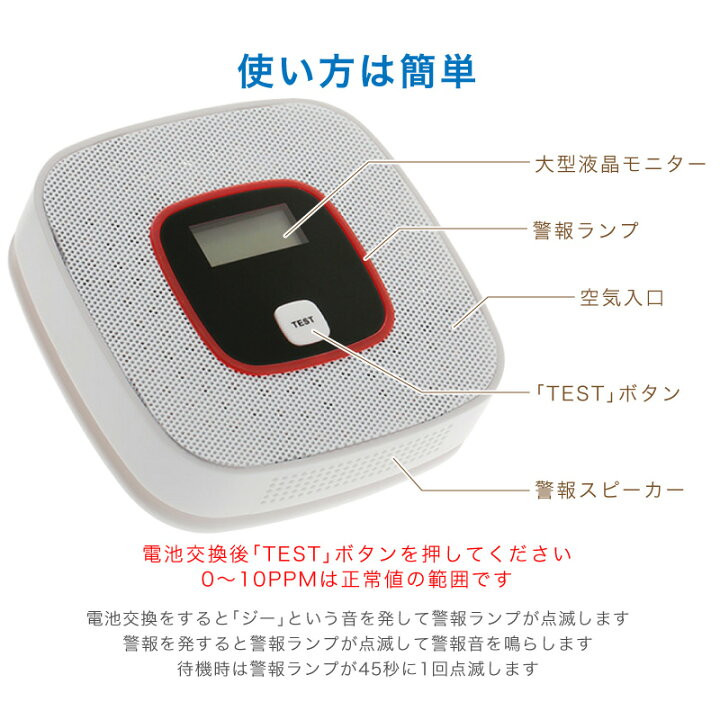 楽天市場 楽天1位 一酸化炭素 警報器 チェッカー Coアラーム 警報機 一酸化炭素警報機 一酸化炭素チェッカー アラーム センサー 警報 検知器 キャンプ テント 石油ストーブ ファンヒーター 酸欠 一酸化炭素中毒 Co中毒症状 Co濃度 車中泊 Carbon Monoxide Detector