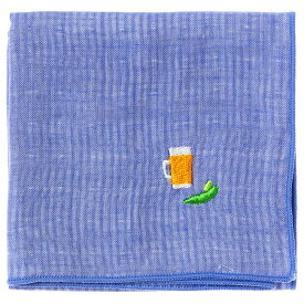 和のたしなみハンカチ　ビールと枝豆（ストライプ ブルー）　刺繍入りガーゼハンカチ　スーベニール　Japanese pattern embroidered gauze handkerchief