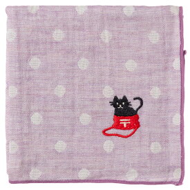 にゃんこハンカチ　黒猫（ドット）　刺繍入りガーゼハンカチ　スーベニール　Cat pattern embroidered gauze handkerchief