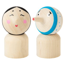 こま人形セット　招福おかめ＆ひょっとこ　遊べるインテリア　独楽　福岡県の木工品　Top doll, Fukuoka craft