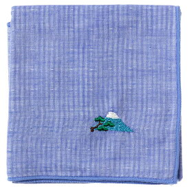 スーベニール　富士山ハンカチ　松（ストライプ・ブルー）　刺繍入りガーゼハンカチ　Japanese pattern embroidered gauze handkerchief