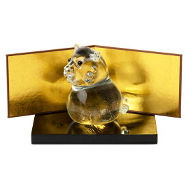 正月飾り　ガラス干支置物　寅・透明　金屏風＋飾り台セット　ハンドメイド硝子飾り　Japanese zodiac figurine made of glass