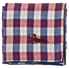 スーベニール　わんこハンカチ　ダックスフンド（チェック）　刺繍入りガーゼハンカチ　Japanese pattern embroidered gauze handkerchief