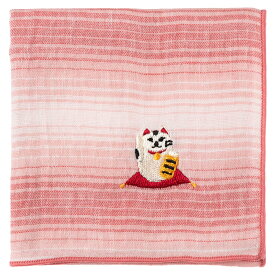 縁起ハンカチ　招き猫（グラデーション）　刺繍入りガーゼハンカチ　スーベニール　Japanese pattern embroidered gauze handkerchief