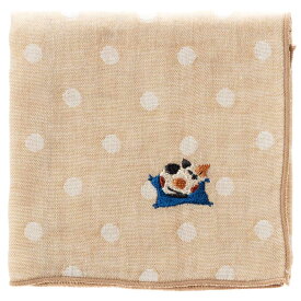 にゃんこハンカチ　三毛猫ベージュ（ドット）　刺繍入りガーゼハンカチ　スーベニール　Cat pattern embroidered gauze handkerchief