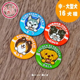 お名前 缶バッジ 笑い犬（中・大型犬）32mm ゴールデンレトリバー ラブラドールレトリバー ボーダーコリー バーニーズマウンテンドッグ ブルドッグ シベリアンハスキー ラフコリー ジャーマンシェパードドッグ セントバーナード ボルゾイ ブルテリア 名入れ グッズ 雑貨