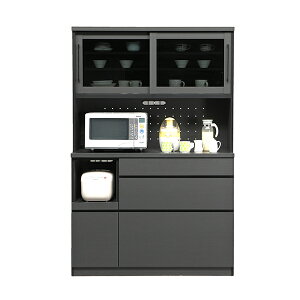 食器棚 オープンボード 幅120cm キッチンボード 引き戸 レンジボード ブラック 大川家具 キッチン収納 収納家具 完成品 モダン 黒 カップボード 食器収納 日本製 国産