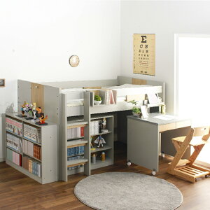 【期間限定価格J】システムベッド ロフトベッド 大人 大人用 子供用 幅202X奥行106X高さ118 おしゃれ シングル キャスター仕様 ブックシェルフ 2口コンセント付きデスク ナチュラル ホワイト