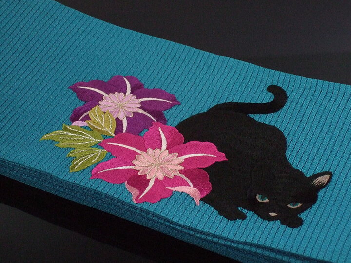 楽天市場】【撫松庵】半幅帯（刺繍細帯）「猫と鉄線（ターコイズ 