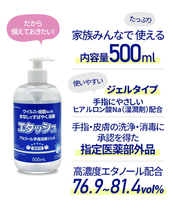 楽天市場 在庫あり エタッシュハンド消毒ジェル 500ml アルコール エタノール76 9 81 4vol 配合 指定医薬部外品 高濃度 除菌 ウイルス対策 ウィルス アルコールハンドジェル 速乾性 手指 除菌ジェル 大容量 ウイルス除菌 ウイルス予防 ヒマサ金物 ワクイショップ