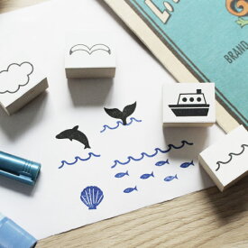 文房具 プレゼント おしゃれ スタンプ ハンコ ( #13 ) セット 判子 Eco stamp mini series かわいい 便利 日本製 エコ 素材 プチギフト 海 イルカ クジラ カモメ 魚 マリン / WakuWaku
