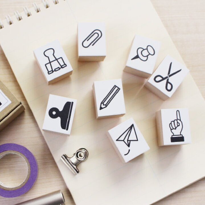 楽天市場 文房具 プレゼント おしゃれ スタンプ ハンコ 18 セット 判子 Eco Stamp Mini Series かわいい 便利 日本製 エコ 素材 プチギフト クリップ 矢印 文具 ハサミ 画鋲 Wakuwaku Wakuwaku