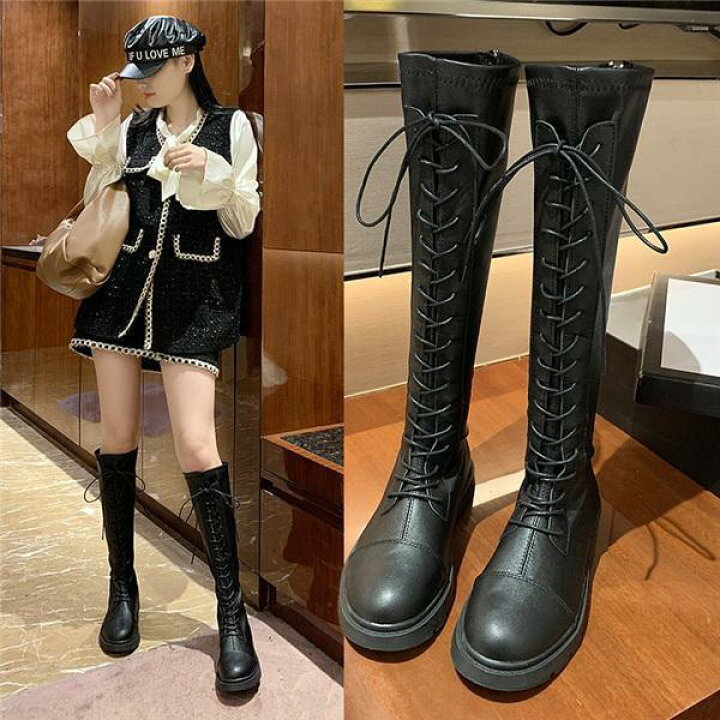 楽天市場】ニーハイブーツ ロング丈 編み上げブーツ フラットヒール 黒 