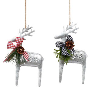[RDY] [] 6C`Vo[^giJCNX}XI[igAbhMK{E^CApC [yVCOʔ] | 6" Silver Metal Reindeer Christmas Ornament with a Red Gingham Bowtie and Pine