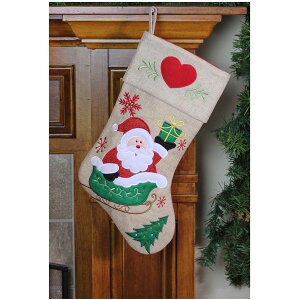 [] 18C`o[bvT^N[XhJNX}XXgbLO [yVCOʔ] | 18" Burlap Santa Claus in Sleigh Embroidered Christmas Stocking