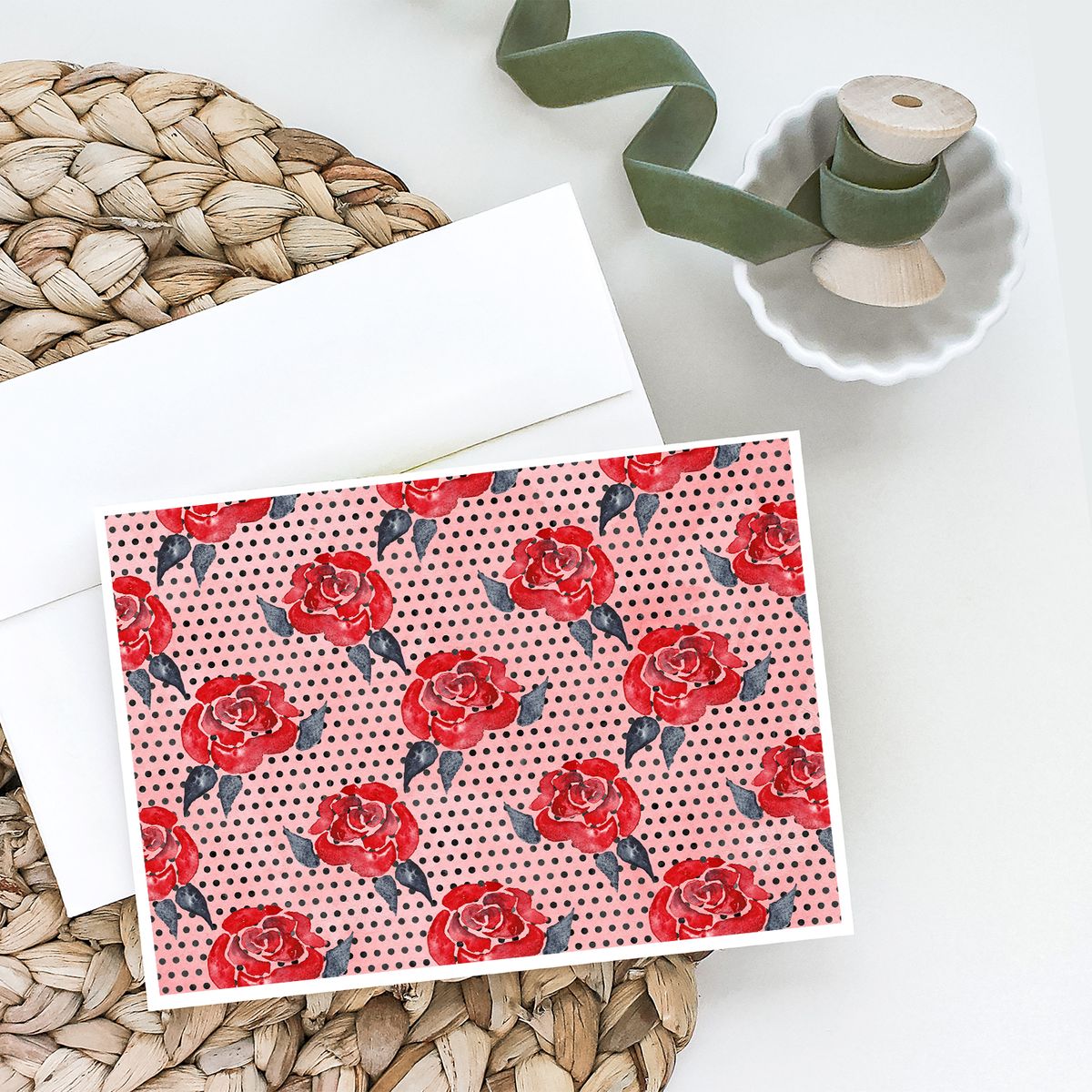 [送料無料] 水彩画の赤いバラとポルカドットのグリーティングカードと封筒（8枚入り [海外通販] | Watercolor Red Roses and Polkadots Greeting Cards and Envelopes Pack of 8：Walmart