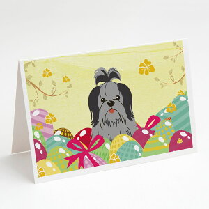 [��������] Caroline's Treasures Shih Tzu Black Silver Easter Eggs Greeting Cards with Envelop, 5" x 7" (8 Count)�i�V�[�Y�[ �u���b�N �V���o�[ �C�[�X�^�[�G�b�O �O���[�e�B���O�J�[�h �����t�� [�y�V�C�O�ʔ�]