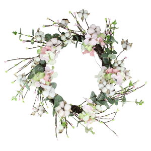 [RDY] [] 18C` sNƃO[̃RbgƃAWTC̃[X [yVCOʔ] | 18" Pink and Green Cotton and Hydrangea Wreath