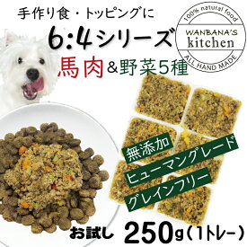 犬用厳選！手作りごはんやトッピング材料に 包丁いらず簡単レンチンOKろくよん馬肉6：5種の野菜4黄金比率250g(42g×6個)国産 無添加 毎日続けられる価格健康寿命をのばす命と向き合い19年間ワンバナ アレルギーのわんちゃんにパピーからシニアまで人間用の食材のみ使用