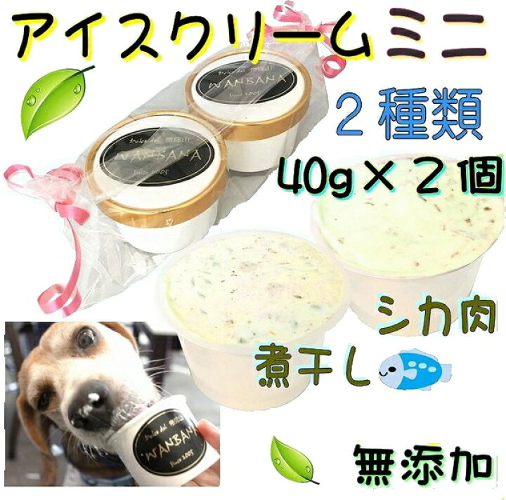 楽天市場 あす楽 犬のアイスクリーム 鹿肉チップと煮干しクリームの２種類 ミニサイズ40g セット 無添加 小型犬用sサイズ 暑い 熱中症対策 食欲不振 夏バテ 体温調節 ひんやり 冷たい 贈り物 ギフト 贈り物 プレゼント アレルギー対応 6600円以上送料無料 ワンバナ
