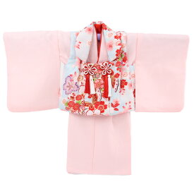【レンタル】 祝着 1歳 女の子 着物 二部式着物 被布セット「ピンク無地着物に水色被布（桜と蝶）」ひな祭り 衣装 初節句