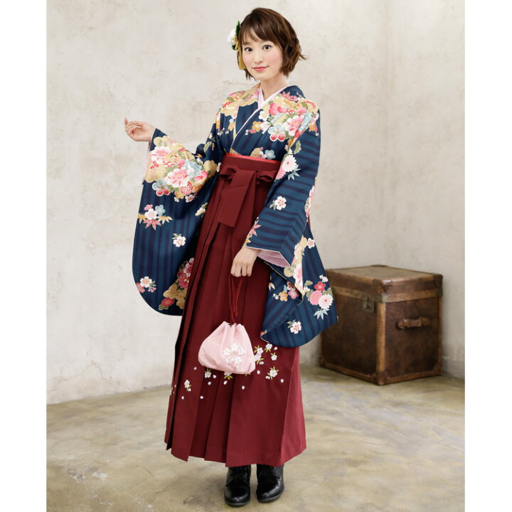 青色花柄着物と赤色袴セット 卒業式袴 袴Mサイズ （袴セット 
