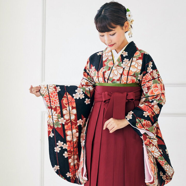 楽天市場】【レンタル】 卒業式 袴 レンタル 女 フルセット レトロ 卒業式袴セット2尺袖着物&袴フルセットレンタル 安い 大学 小学生サイズあり レトロモダン 「黒地にえんじ系の矢絣 芍薬 撫子 桜」 : 和 なでしこ