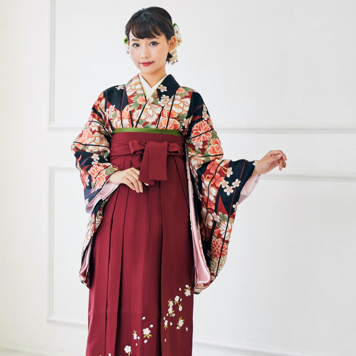 楽天市場】【レンタル】 卒業式 袴 レンタル 女 フルセット レトロ 卒業式袴セット2尺袖着物&袴フルセットレンタル 安い 大学 小学生サイズあり レトロモダン 「黒地にえんじ系の矢絣 芍薬 撫子 桜」 : 和 なでしこ
