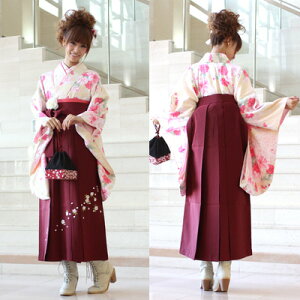 【最大2000円OFFクーポン】【レンタル】卒業式袴レンタル女レトロ袴セット女性卒業式袴セット2尺袖着物&袴フルセットレンタル安い大学生小学生サイズありレトロモダン「クリーム地にピンクぼかし雪輪取り七宝・青海波ピンク系の百合と八重桜」