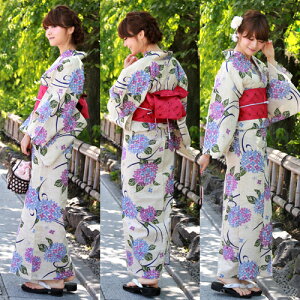 【6月8日より順次発送】浴衣セット女性送料無料高級変わり織り綿麻浴衣3点セット「生成り地に青紫の紫陽花と流水」綿麻浴衣帯下駄女性浴衣セットゆかたユカタ