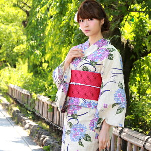【6月8日より順次発送】浴衣セット女性送料無料高級変わり織り綿麻浴衣3点セット「生成り地に青紫の紫陽花と流水」綿麻浴衣帯下駄女性浴衣セットゆかたユカタ