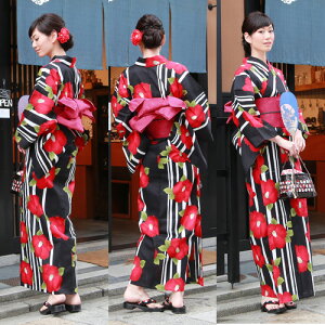 【6月8日より順次発送】浴衣セット女性送料無料高級変わり織り綿浴衣3点セット「黒地に白縦縞銀ラメの小桜と赤椿」浴衣帯下駄女性浴衣セットゆかたユカタ