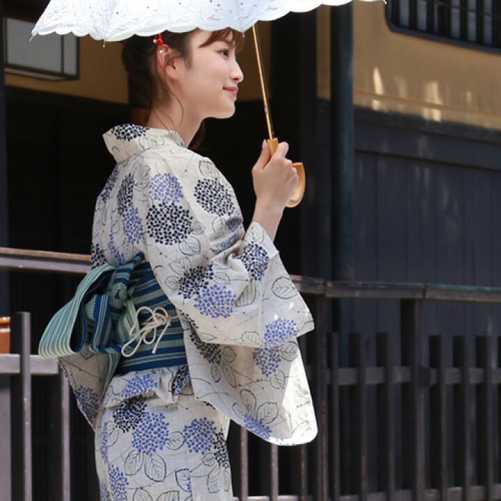 楽天市場 浴衣 レトロ レディース セット 綿麻浴衣3点セット クリームに青紫陽花と紺あじさい 浴衣 紫陽花 古典柄 クリーム 和 なでしこ