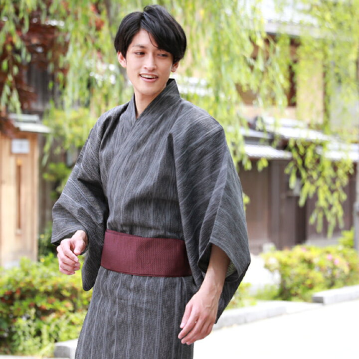 浴衣 メンズ 男 ワンタッチ帯が付いた3点セット M L Llサイズ オフホワイト 黒 よろけ縞 綿 ギフト プレゼント 父の日ギフトにも 最大99 オフ