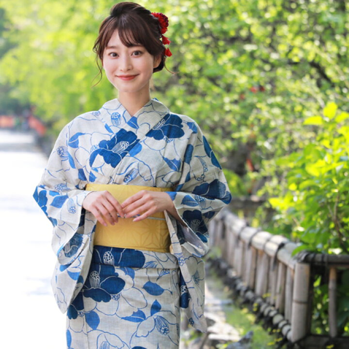 呉服屋♪上 な椿づくし♪濃紺 はちす織帯 スレンダー夏着物 浴衣3点  