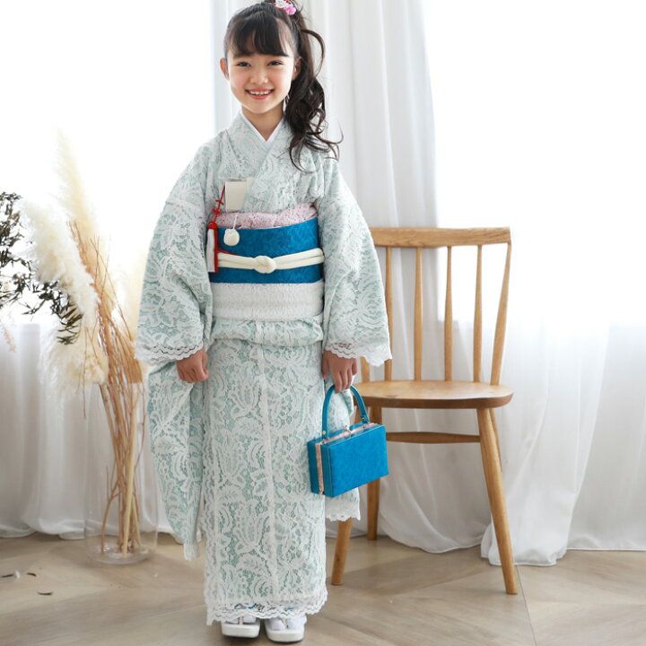 七五三 着物 7歳 フルセット 購入 販売 おすすめ 水色・白のレース着物 zu 白レース着物 七歳用七五三四つ身着物 点セット 女の子 レース着物 七五三参り 正月 ひな祭り 雛祭り 初詣 衣装 モダン おしゃれ かわいい 和 なでしこ