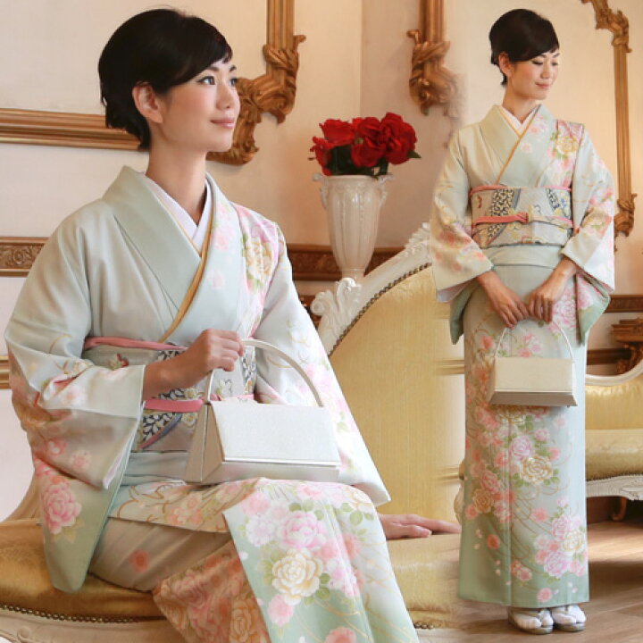 楽天市場 レンタル 訪問着 レンタル 19点フルコーディネートレンタルセット 淡い青緑地に桜と牡丹 結婚式 入学式 七五三 ママ グリーン モダン 代 30代 40代 50代 和 なでしこ