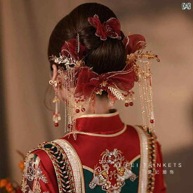 花嫁 Xiuhe ヘッド ドレス 中国 レトロ 赤 弓 エレガント ウェディング フェニックス クラウン Xiuhe 服 ヘア アクセサリー セット