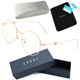 LACCL (ラクル) ブルーライトカット 丸メガネ 軽量 19グラム 伊達眼鏡 メンズ レディース 度なし UV 90％以上 サイドフラワーデザイン 102