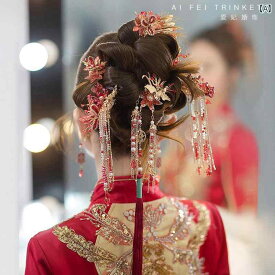 Xiuhe ヘッド ドレス チャイナ風 結婚式 レトロ 赤 タッセル 鳳凰 冠 レトロ 宮殿 Xiuhe スーツ 乾杯 スーツ アクセサリー