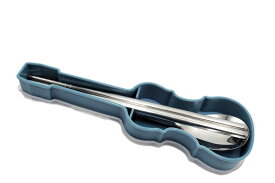 Chorihelper バイオリンケース型ランチユーテンシルセット - ステンレス製箸とスプーン付き クリエイティブランチ用具（青色の収納ボックス）