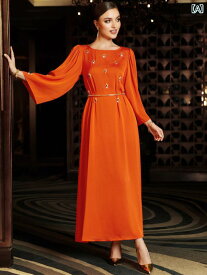 レディース エスニック 燃える オレンジ 手縫い ニット ドレス 中東 ドバイ パーティー ドレス 長袖 無地